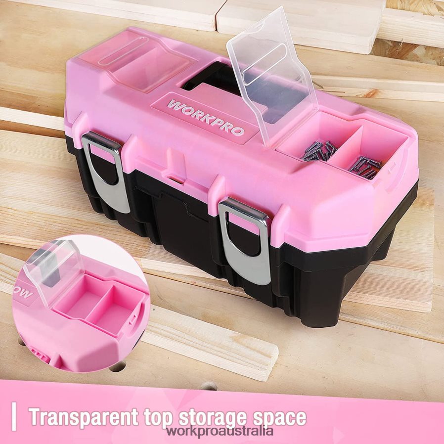 WORKPRO 16-inch Tool Box Plastic Toolbox with Metal Latch and Removable Tray D4R0VT23 Storage Pink