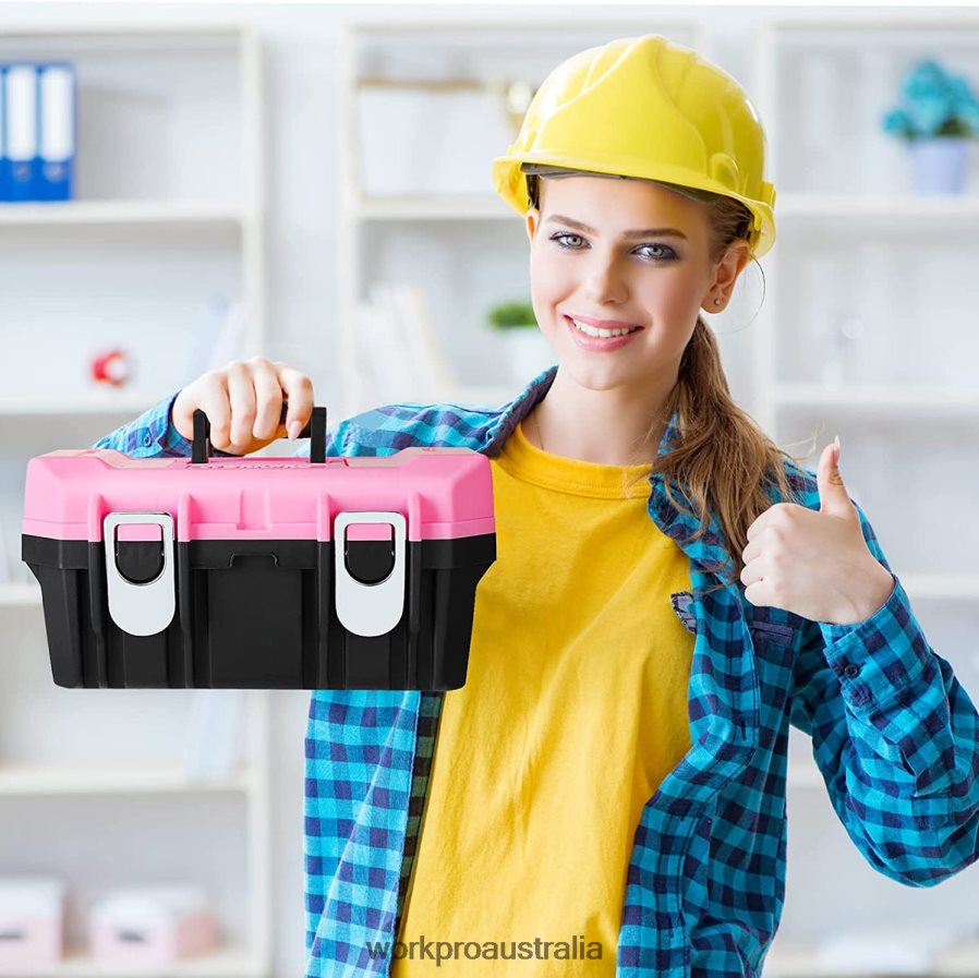 WORKPRO 16-inch Tool Box Plastic Toolbox with Metal Latch and Removable Tray D4R0VT23 Storage Pink