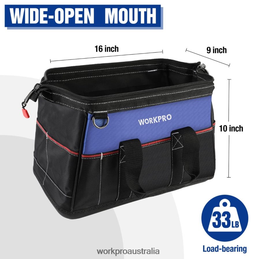 WORKPRO 16-inch Wide Mouth Tool Bag Heavy Duty Cloth Tool Storage Bag with Water Proof Molded Base Adjustable Shoulder Strap D4R0VT24 Storage Helpful