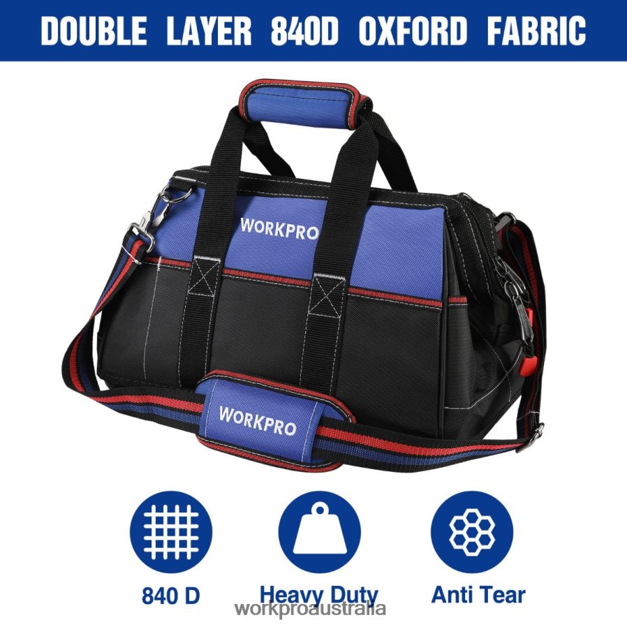 WORKPRO 16-inch Wide Mouth Tool Bag Heavy Duty Cloth Tool Storage Bag with Water Proof Molded Base Adjustable Shoulder Strap D4R0VT24 Storage Helpful