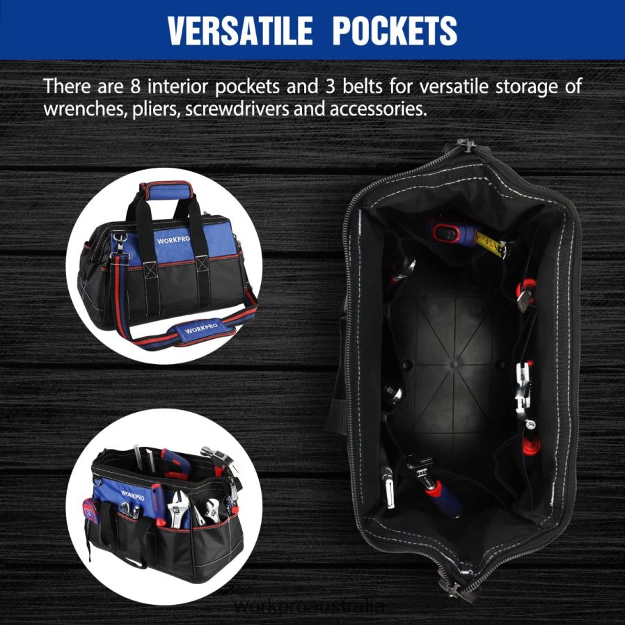 WORKPRO 16-inch Wide Mouth Tool Bag Heavy Duty Cloth Tool Storage Bag with Water Proof Molded Base Adjustable Shoulder Strap D4R0VT24 Storage Helpful