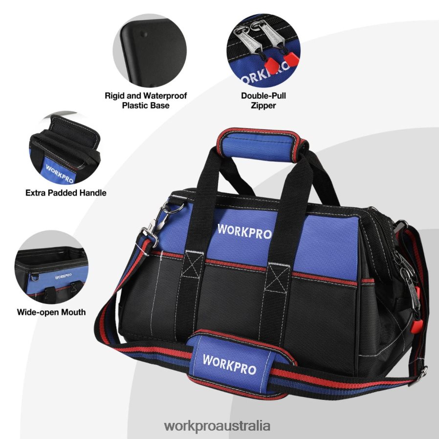 WORKPRO 16-inch Wide Mouth Tool Bag Heavy Duty Cloth Tool Storage Bag with Water Proof Molded Base Adjustable Shoulder Strap D4R0VT24 Storage Helpful
