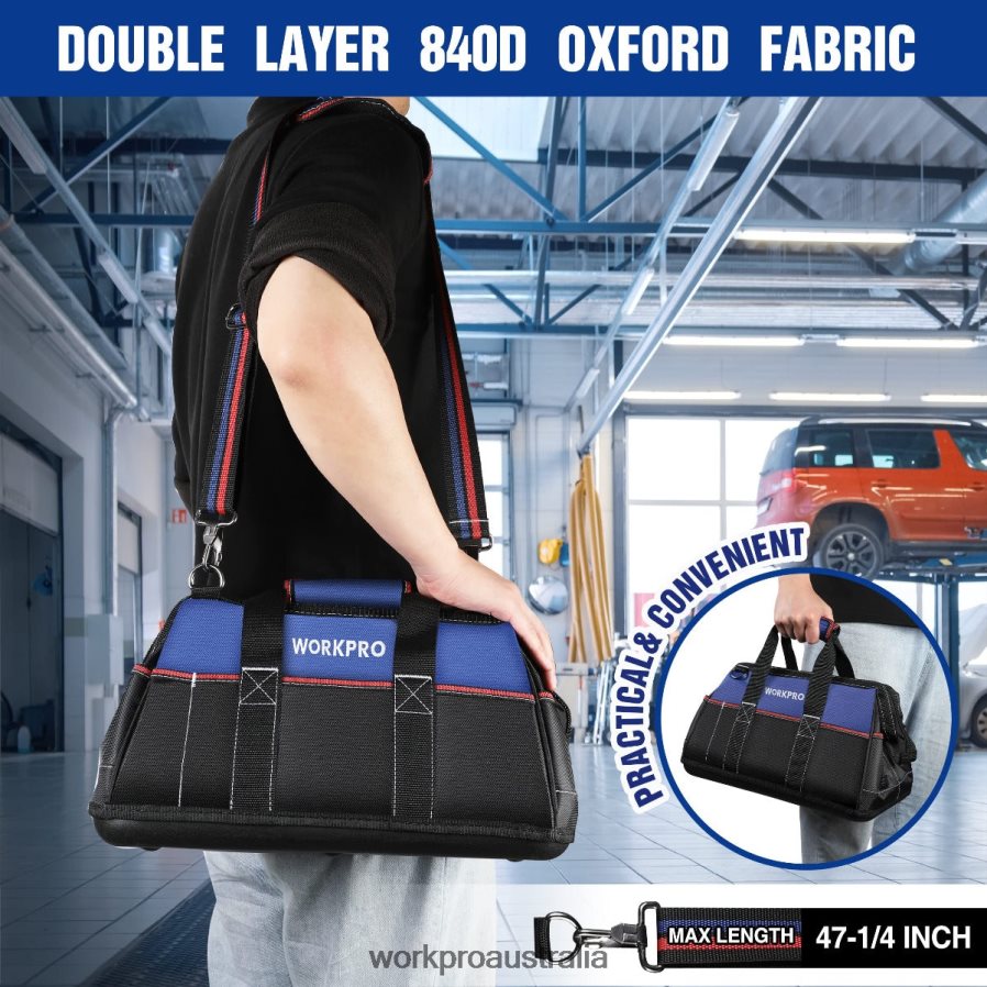 WORKPRO 16-inch Wide Mouth Tool Bag Heavy Duty Cloth Tool Storage Bag with Water Proof Molded Base Adjustable Shoulder Strap D4R0VT24 Storage Helpful