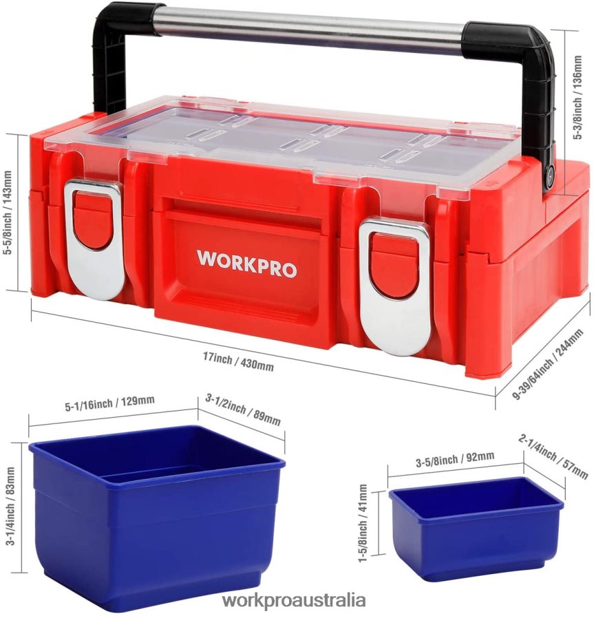 WORKPRO 17-inch Plastic Tool Box Storage Box with Locking Lid and Stainless Steel Handle D4R0VT25 Storage Red