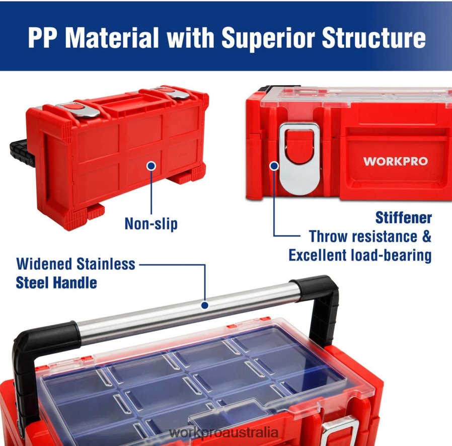 WORKPRO 17-inch Plastic Tool Box Storage Box with Locking Lid and Stainless Steel Handle D4R0VT25 Storage Red
