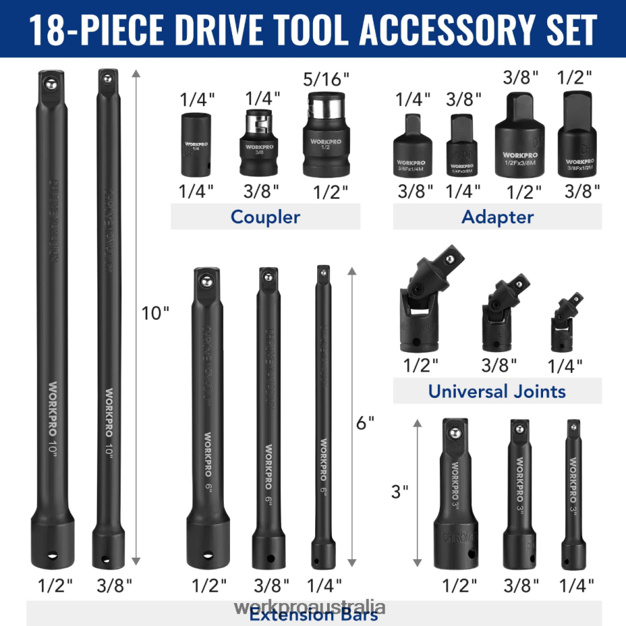 WORKPRO 18 Pcs Drive Tool Accessory Set D4R0VT137 Tool Morden