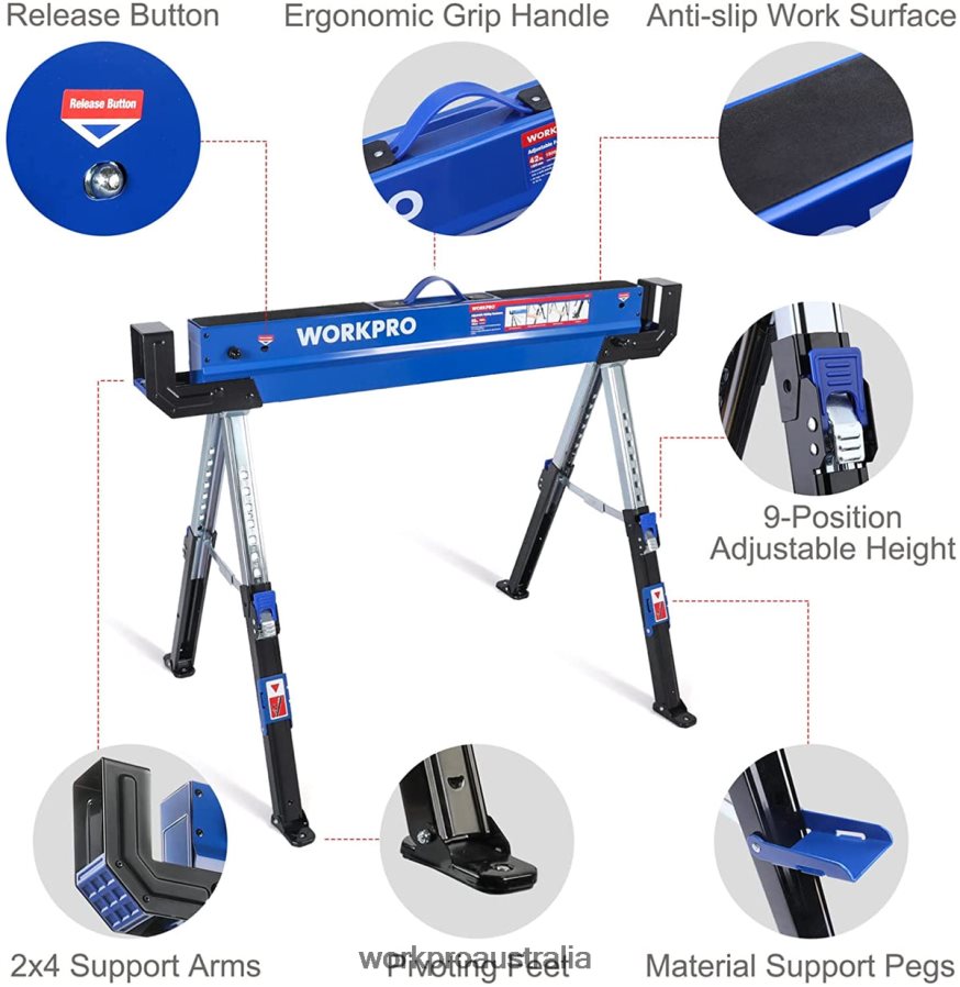 WORKPRO 2 Pcs Folding Sawhorse Adjustable Heavy Duty Saw horse with 2x4 Support Arms 3000 lbs Load Capacity 24-32 inch Height Adjustable Legs Pivoting Feet  Support Pegs D4R0VT35 Storage New