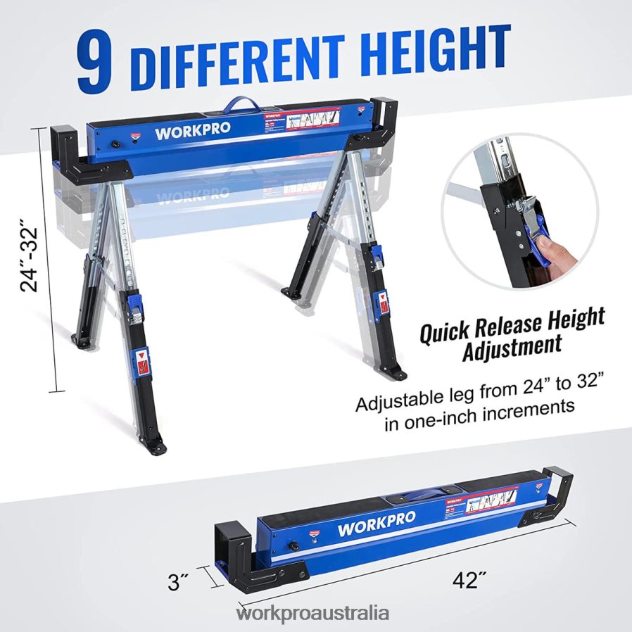 WORKPRO 2 Pcs Folding Sawhorse Adjustable Heavy Duty Saw horse with 2x4 Support Arms 3000 lbs Load Capacity 24-32 inch Height Adjustable Legs Pivoting Feet  Support Pegs D4R0VT35 Storage New
