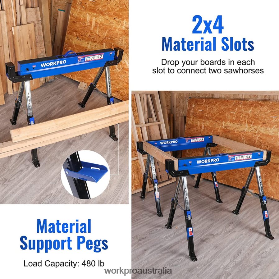 WORKPRO 2 Pcs Folding Sawhorse Adjustable Heavy Duty Saw horse with 2x4 Support Arms 3000 lbs Load Capacity 24-32 inch Height Adjustable Legs Pivoting Feet  Support Pegs D4R0VT35 Storage New
