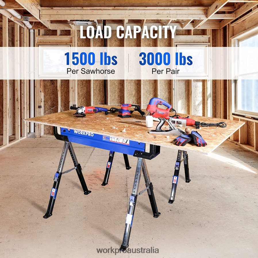 WORKPRO 2 Pcs Folding Sawhorse Adjustable Heavy Duty Saw horse with 2x4 Support Arms 3000 lbs Load Capacity 24-32 inch Height Adjustable Legs Pivoting Feet  Support Pegs D4R0VT35 Storage New