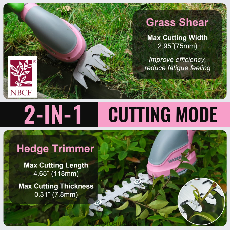 WORKPRO 2 in 1 Handheld 36V Electric Cordless Shrubbery Trimmer Hedge Shears/Grass Cutter D4R0VT268 Tool Pink/Green/White