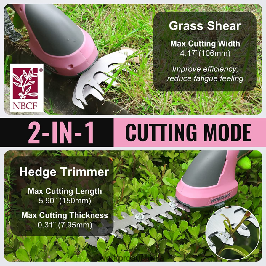 WORKPRO 2 in 1 Handheld 72V Electric Cordless Shrubbery Trimmer Hedge Shears/Grass Cutter D4R0VT269 Tool Pink/Green/White