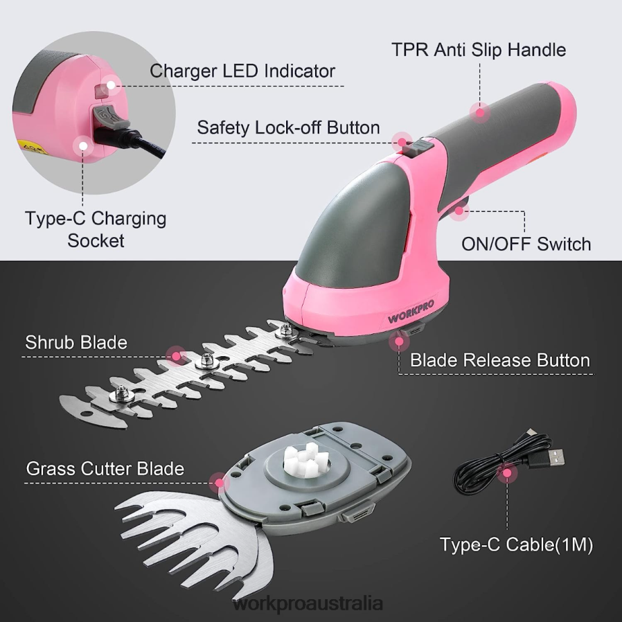 WORKPRO 2 in 1 Handheld 72V Electric Cordless Shrubbery Trimmer Hedge Shears/Grass Cutter D4R0VT269 Tool Pink/Green/White