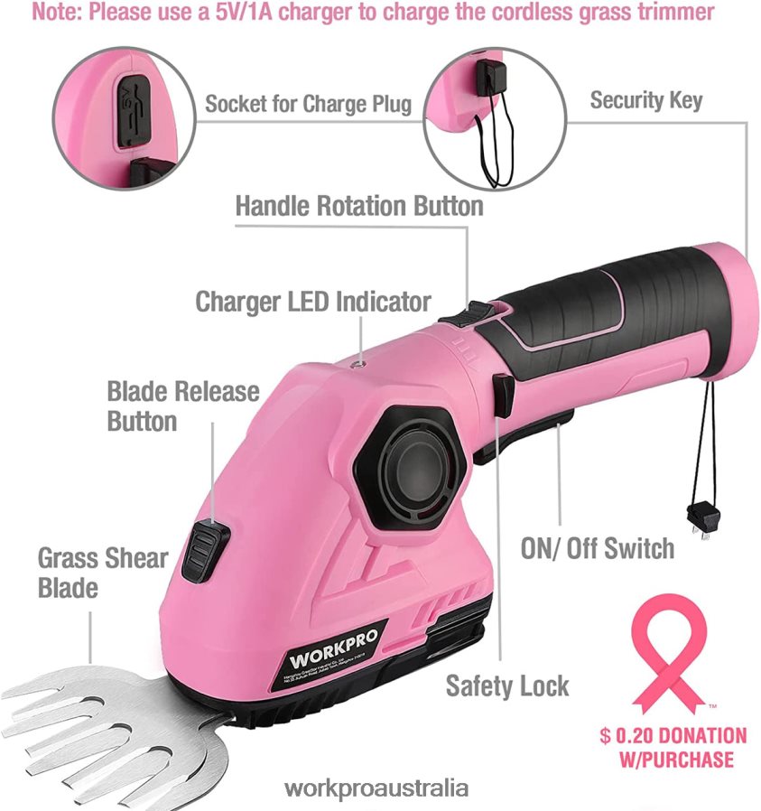 WORKPRO 2 in 1 Handheld Hedge Trimmer 72V Electric Grass Trimmer/Hedge Shears D4R0VT266 Tool Pink