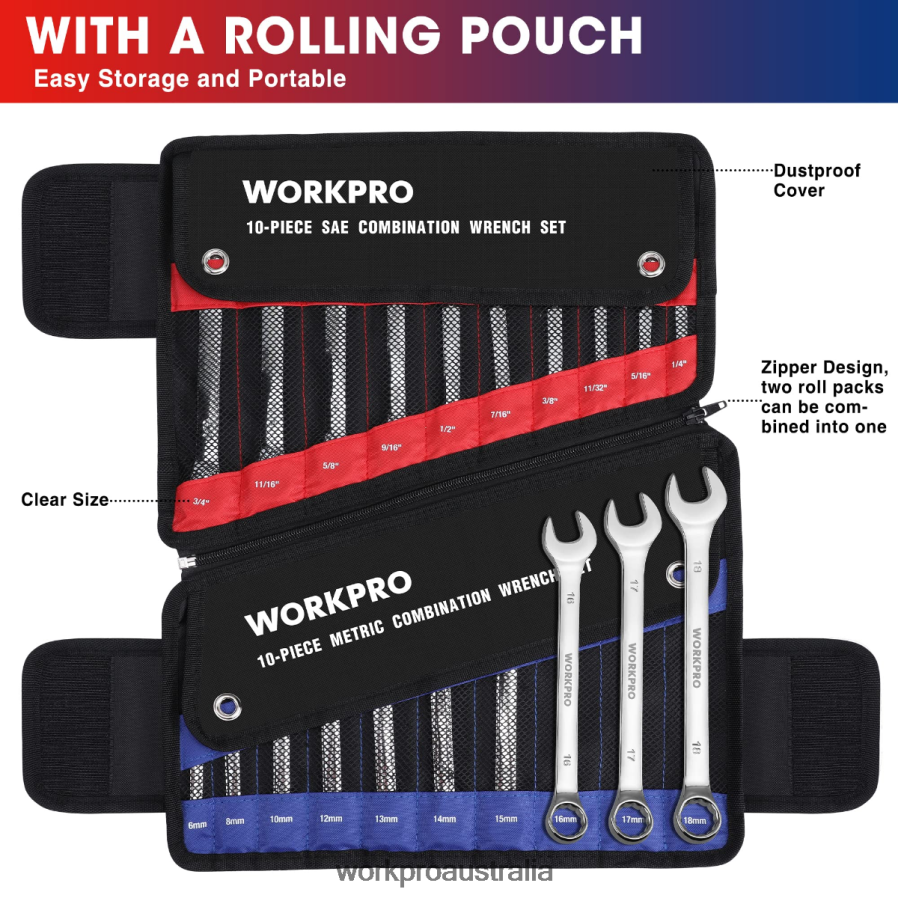 WORKPRO 20 Pcs Metric  SAE Combination Cr-V 12-point Wrench Set D4R0VT93 Tool Morden