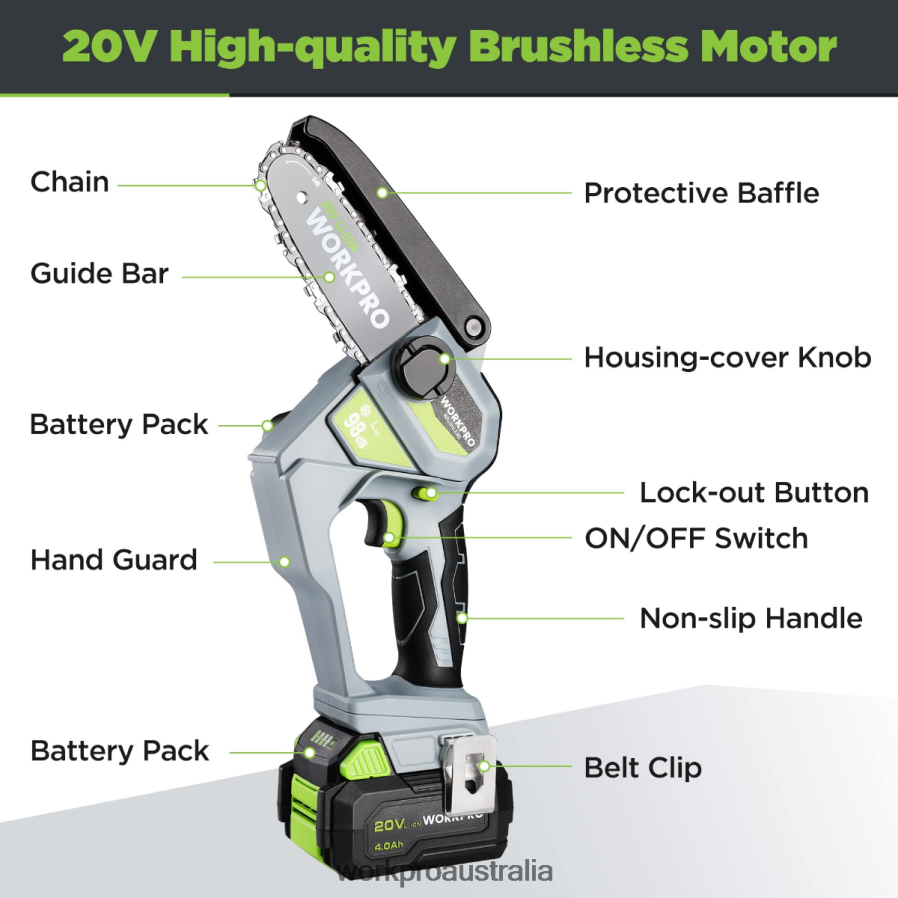 WORKPRO 20V Brushless Cordless Compact Chainsaw with 40Ah Battery and Replacement Chain D4R0VT298 Tool Morden