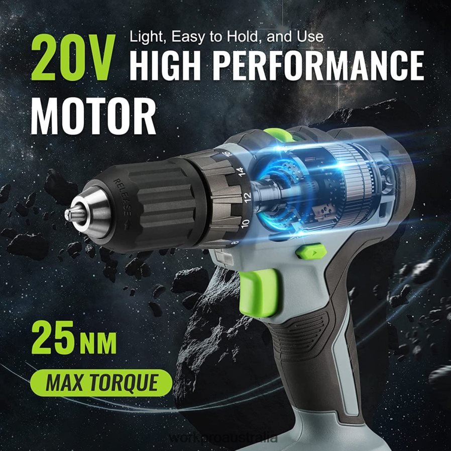 WORKPRO 20V Cordless Drill Driver Kit 20 Ah Li-ion Battery 1 Hour Fast Charger and 11-inch Storage Bag Included D4R0VT176 Tool Green
