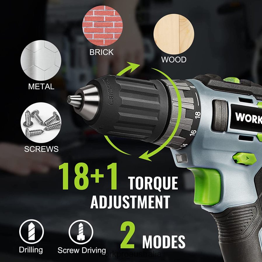 WORKPRO 20V Cordless Drill Driver Kit 20 Ah Li-ion Battery 1 Hour Fast Charger and 11-inch Storage Bag Included D4R0VT176 Tool Green