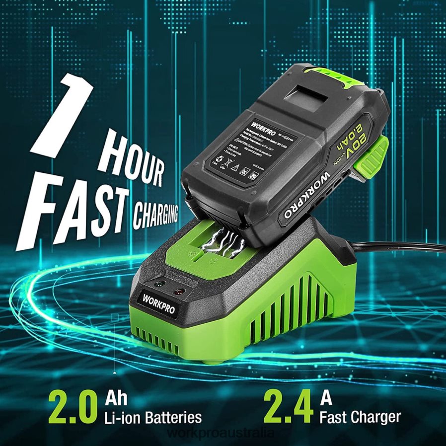 WORKPRO 20V Cordless Drill Driver Kit 20 Ah Li-ion Battery 1 Hour Fast Charger and 11-inch Storage Bag Included D4R0VT176 Tool Green