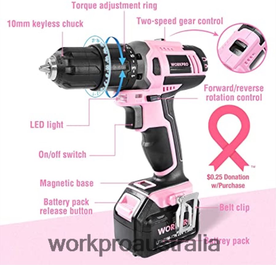 WORKPRO 20V Cordless Drill Driver Set  6-Piece Mini Pliers  10-piece Tool Kit  Cordless Glue Gun D4R0VT316 Tool Pink