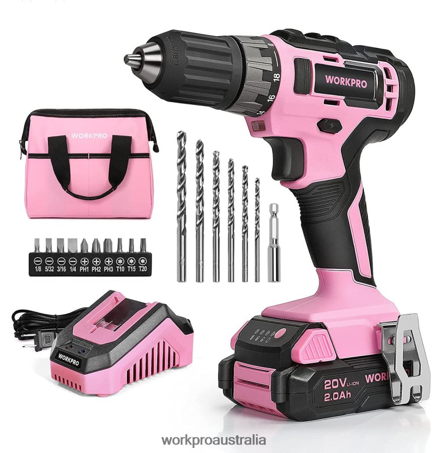WORKPRO 20V Cordless Drill Driver Set with Fast Charger and 11-inch Storage Bag Included D4R0VT261 Tool Pink