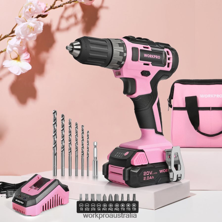 WORKPRO 20V Cordless Drill Driver Set with Fast Charger and 11-inch Storage Bag Included D4R0VT261 Tool Pink