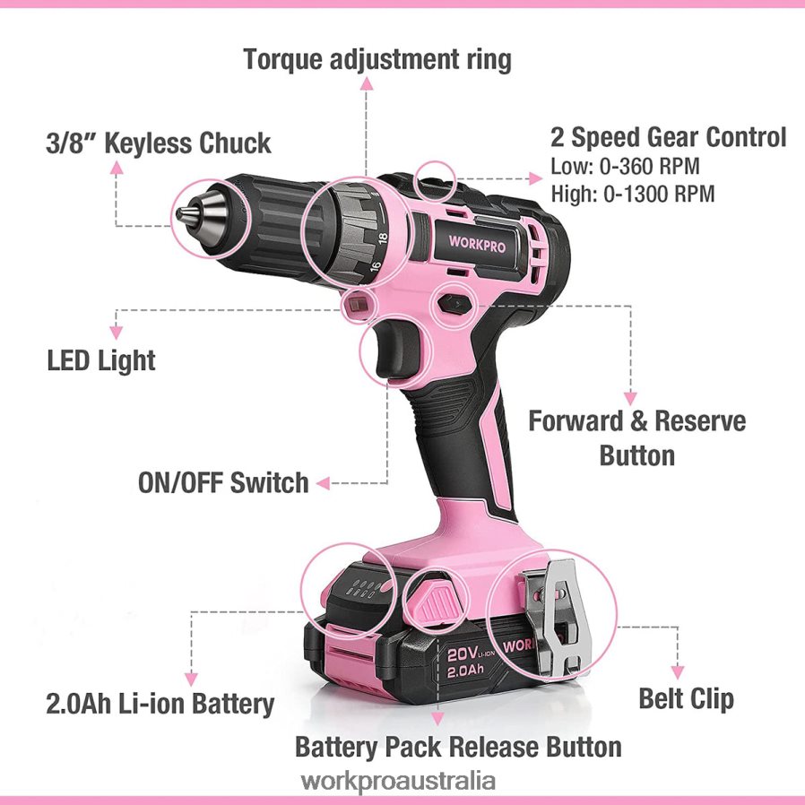 WORKPRO 20V Cordless Drill Driver Set with Fast Charger and 11-inch Storage Bag Included D4R0VT261 Tool Pink