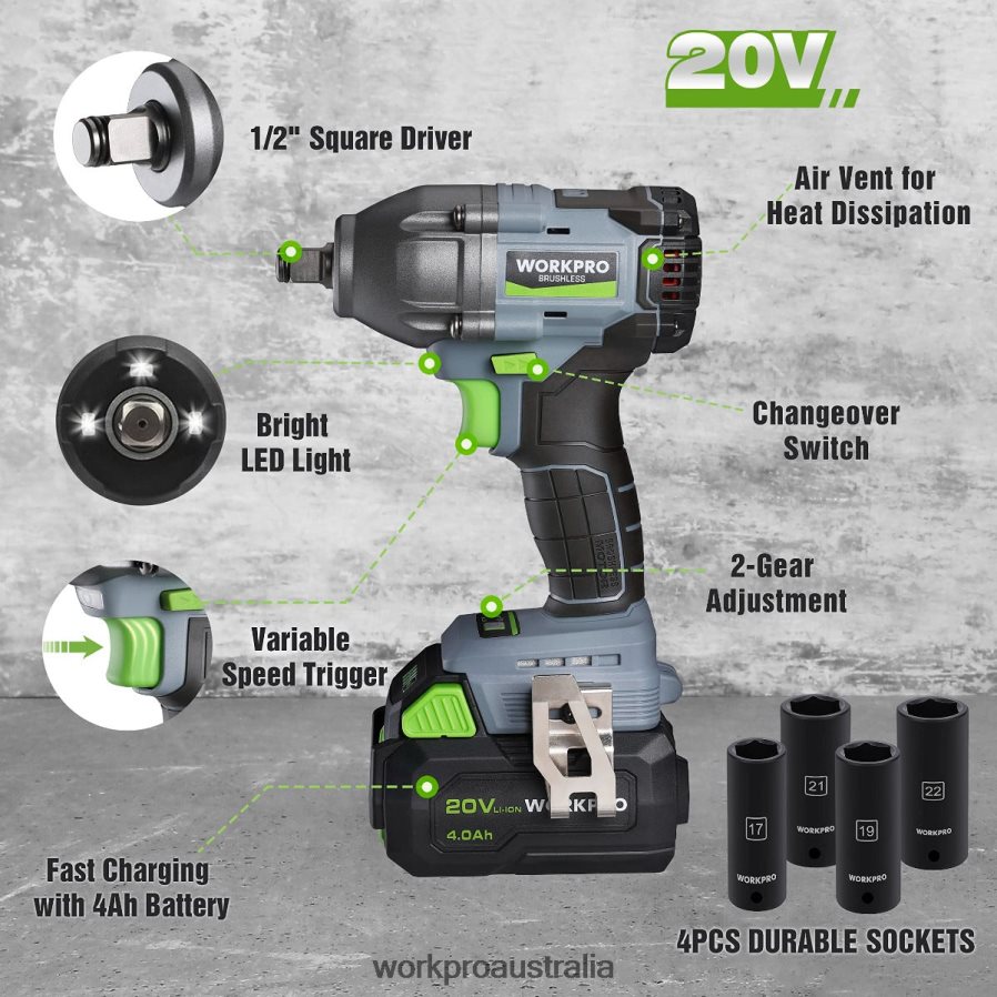 WORKPRO 20V Cordless Impact Wrench with 40 Ah Battery Fast Charger 4 Impact Sockets and Storage Case D4R0VT188 Tool Morden