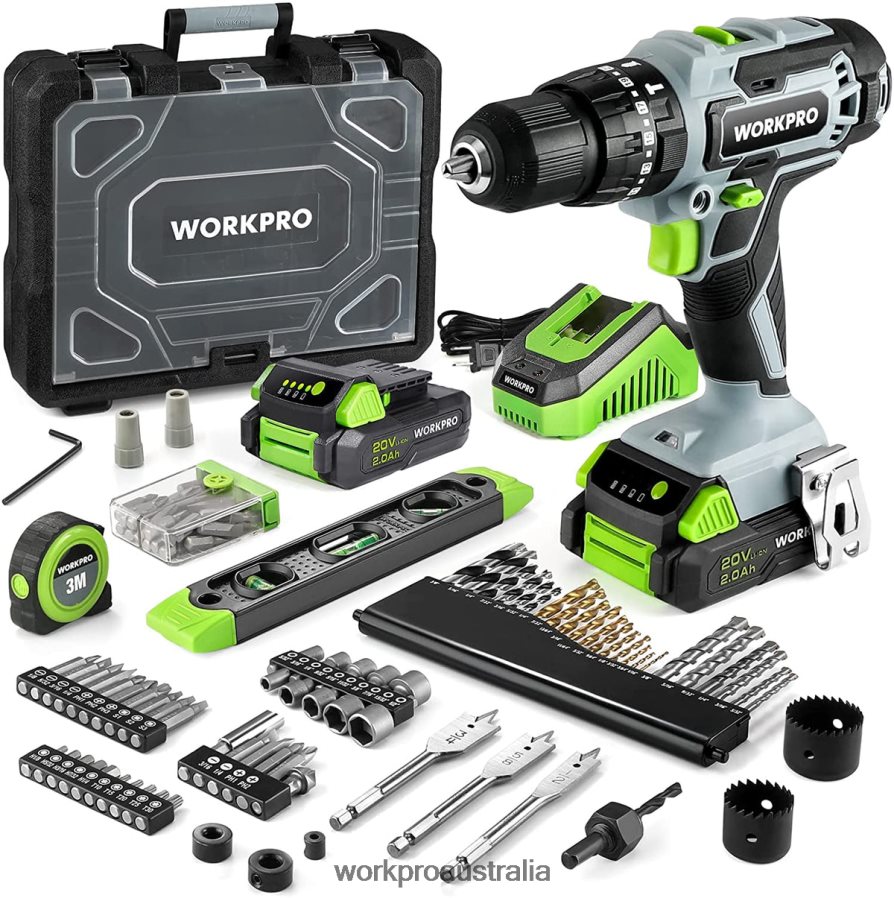 WORKPRO 20V Max Cordless Drill Driver Set Electric Power Impact Drill Tool with 102 Pieces Accessories 2 x 20Ah Li-ion Batteries with Fast Charger D4R0VT170 Tool Useful
