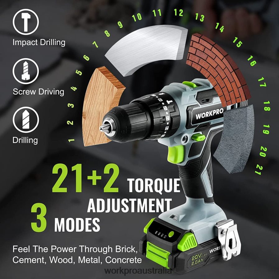 WORKPRO 20V Max Cordless Drill Driver Set Electric Power Impact Drill Tool with 102 Pieces Accessories 2 x 20Ah Li-ion Batteries with Fast Charger D4R0VT170 Tool Useful