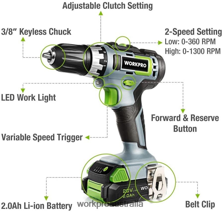 WORKPRO 20V Variable Speed Cordless Drill/Driver Kit 18+2 Torque Setting 20 Ah Li-ion Battery and 1 Hour Fast Charger D4R0VT172 Tool Morden