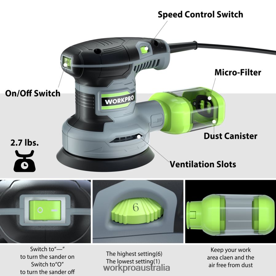 WORKPRO 25 Amp Electric 5-Inch Random Orbit Sander 6 Variable Speeds 7000 to 14000 RPM D4R0VT233 Tool Useful