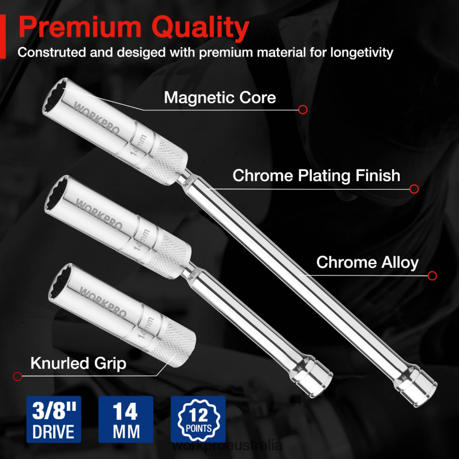 WORKPRO 3 Pcs-14mm Thin Wall Socket with 6- and 10-inch ExtensionsMagnetic Swivel Spark Plug Socket Set D4R0VT143 Tool Helpful