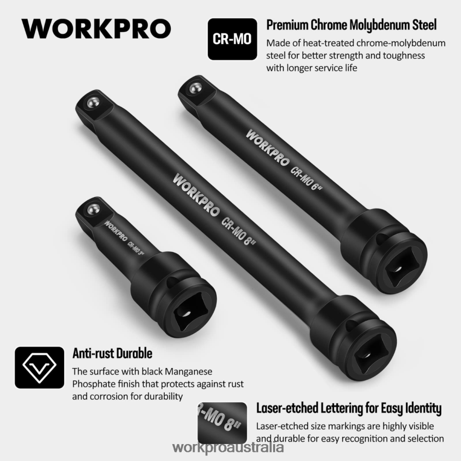 WORKPRO 3 Piece-3 6 8 Inch 1/2-Inch Socket Drive Impact Extension Bar Sets D4R0VT202 Tool Useful