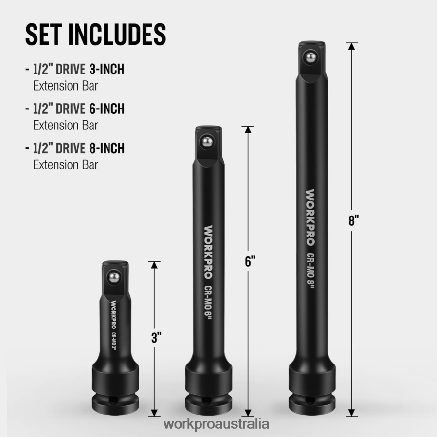WORKPRO 3 Piece-3 6 8 Inch 1/2-Inch Socket Drive Impact Extension Bar Sets D4R0VT202 Tool Useful