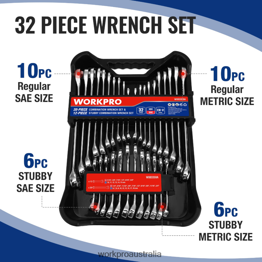 WORKPRO 32 Pcs SAE  Metric Combination 12 PT Regular and Stubby Wrench Set D4R0VT92 Tool Morden