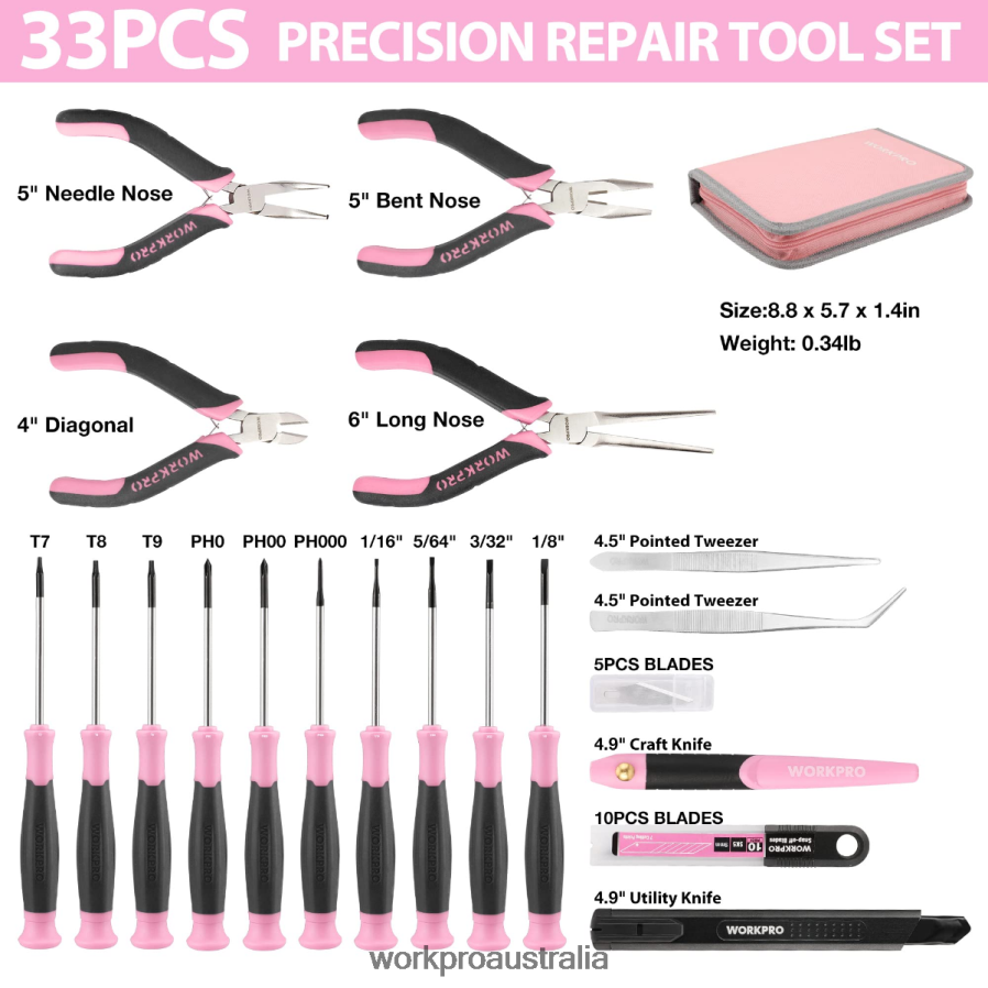 WORKPRO 33 Pcs Precision Repair Tool Set Includes Pliers Set D4R0VT257 Tool Pink/Blue