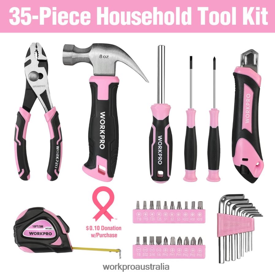 WORKPRO 35 Pcs Household Tools Set with Storage Toolbox D4R0VT246 Tool Pink/Blue