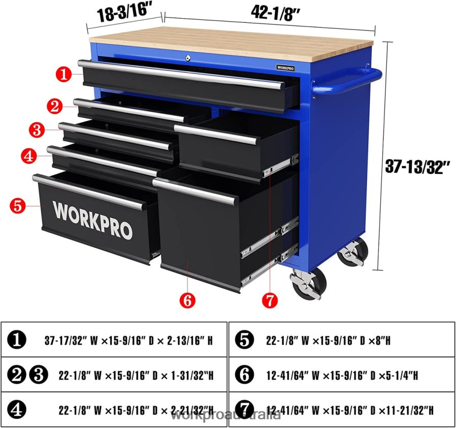 WORKPRO 42-Inch 7-Drawers Rolling Tool Chest with Wooden Top Equipped with Casters Handle Drawer Liner and Locking System 1000 lbs Load Capacity D4R0VT26 Storage New
