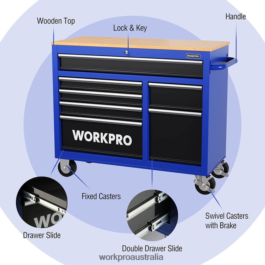 WORKPRO 42-Inch 7-Drawers Rolling Tool Chest with Wooden Top Equipped with Casters Handle Drawer Liner and Locking System 1000 lbs Load Capacity D4R0VT26 Storage New