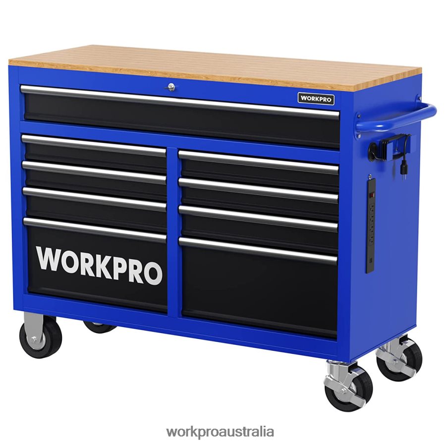 WORKPRO 46-Inch 9-Drawers Rolling Tool Chest with Wooden Top Equipped with Casters Handle Drawer Liner and Locking System 1200 lbs Load Capacity D4R0VT15 Storage Morden