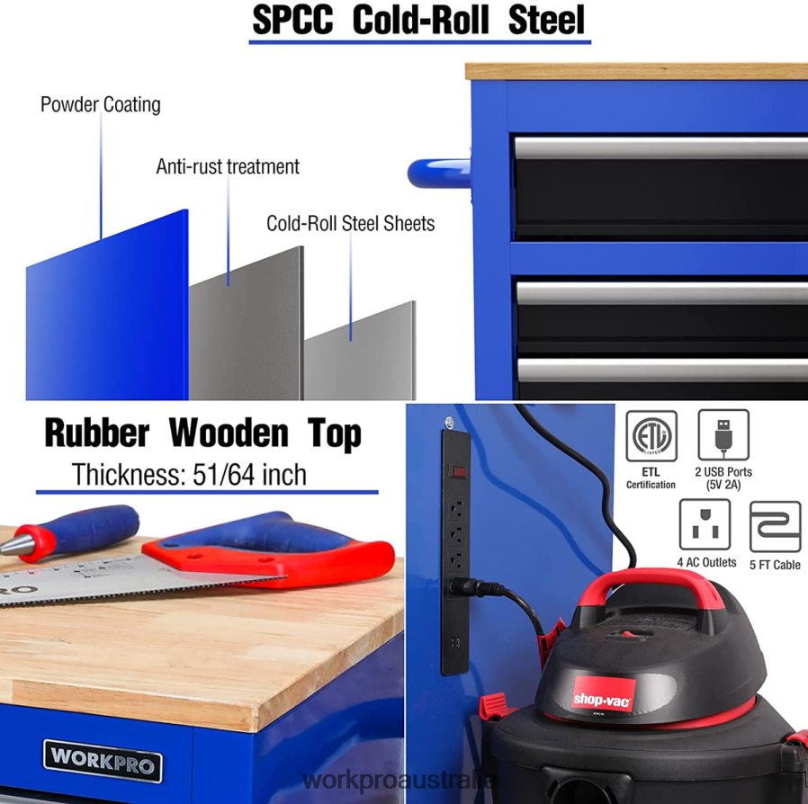 WORKPRO 46-Inch 9-Drawers Rolling Tool Chest with Wooden Top Equipped with Casters Handle Drawer Liner and Locking System 1200 lbs Load Capacity D4R0VT15 Storage Morden
