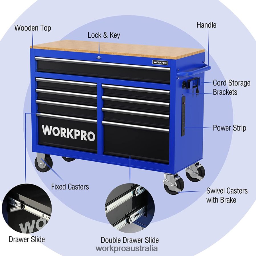 WORKPRO 46-Inch 9-Drawers Rolling Tool Chest with Wooden Top Equipped with Casters Handle Drawer Liner and Locking System 1200 lbs Load Capacity D4R0VT15 Storage Morden