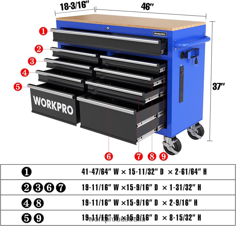 WORKPRO 46-Inch 9-Drawers Rolling Tool Chest with Wooden Top Equipped with Casters Handle Drawer Liner and Locking System 1200 lbs Load Capacity D4R0VT15 Storage Morden