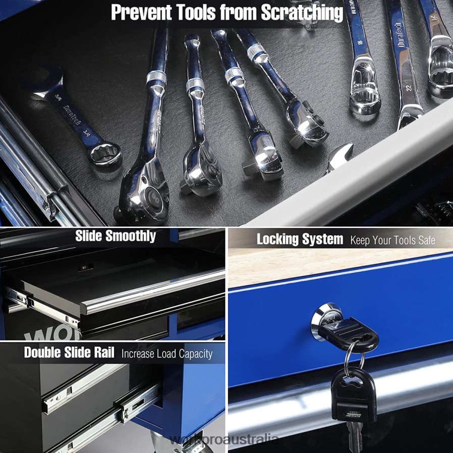 WORKPRO 46-Inch 9-Drawers Rolling Tool Chest with Wooden Top Equipped with Casters Handle Drawer Liner and Locking System 1200 lbs Load Capacity D4R0VT15 Storage Morden