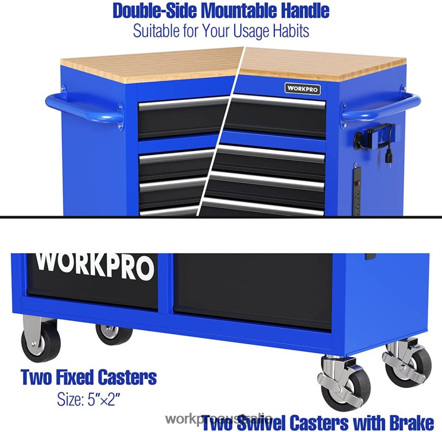 WORKPRO 46-Inch 9-Drawers Rolling Tool Chest with Wooden Top Equipped with Casters Handle Drawer Liner and Locking System 1200 lbs Load Capacity D4R0VT15 Storage Morden