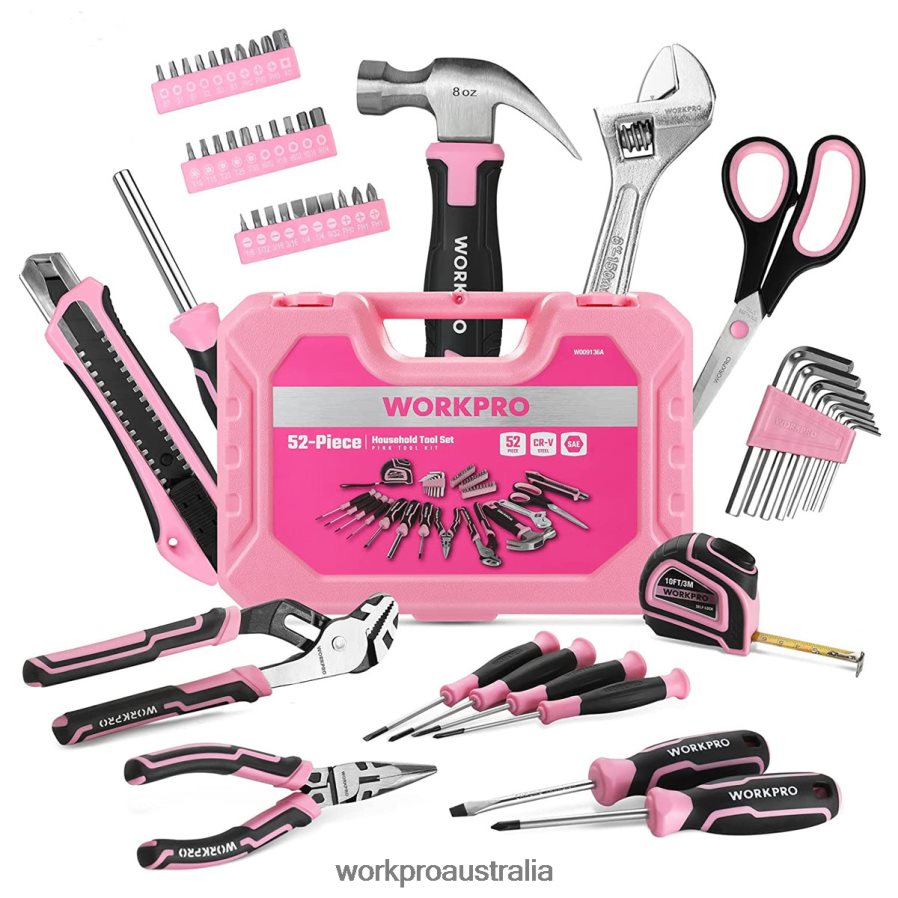 WORKPRO 52 Pcs Tool Set Home Womens Tool Set with Storage Tool Box Basic Tool Set - Ribbon D4R0VT249 Tool Pink