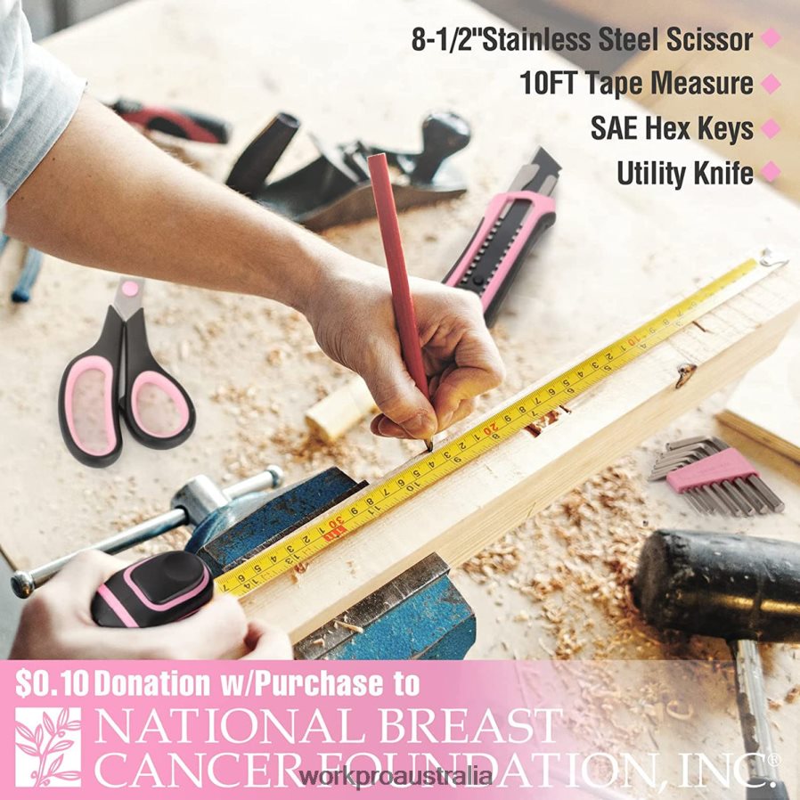 WORKPRO 52 Pcs Tool Set Home Women\s Tool Set with Storage Tool Box Basic Tool Set - Ribbon D4R0VT249 Tool Pink