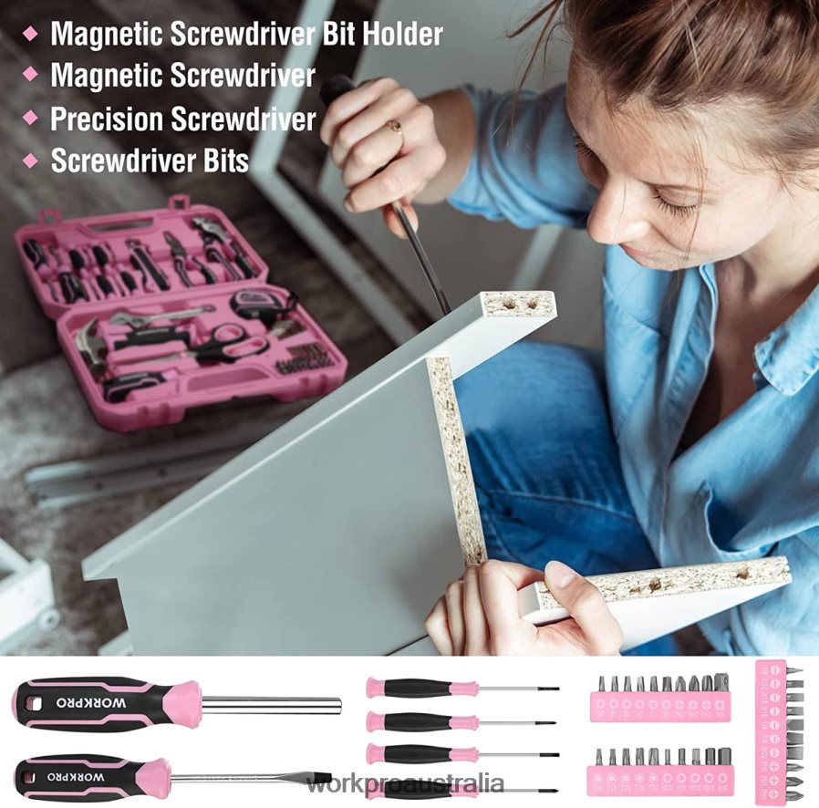 WORKPRO 52 Pcs Tool Set Home Women\s Tool Set with Storage Tool Box Basic Tool Set - Ribbon D4R0VT249 Tool Pink