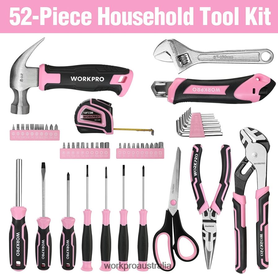 WORKPRO 52 Pcs Tool Set Home Women\s Tool Set with Storage Tool Box Basic Tool Set - Ribbon D4R0VT249 Tool Pink